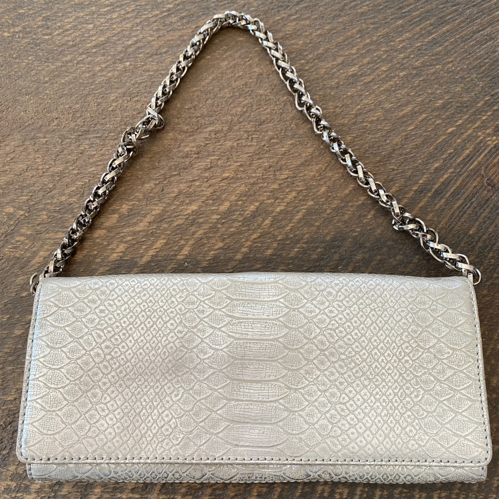 Hype- Sliver Snakeskin Clutch with Silver Chain